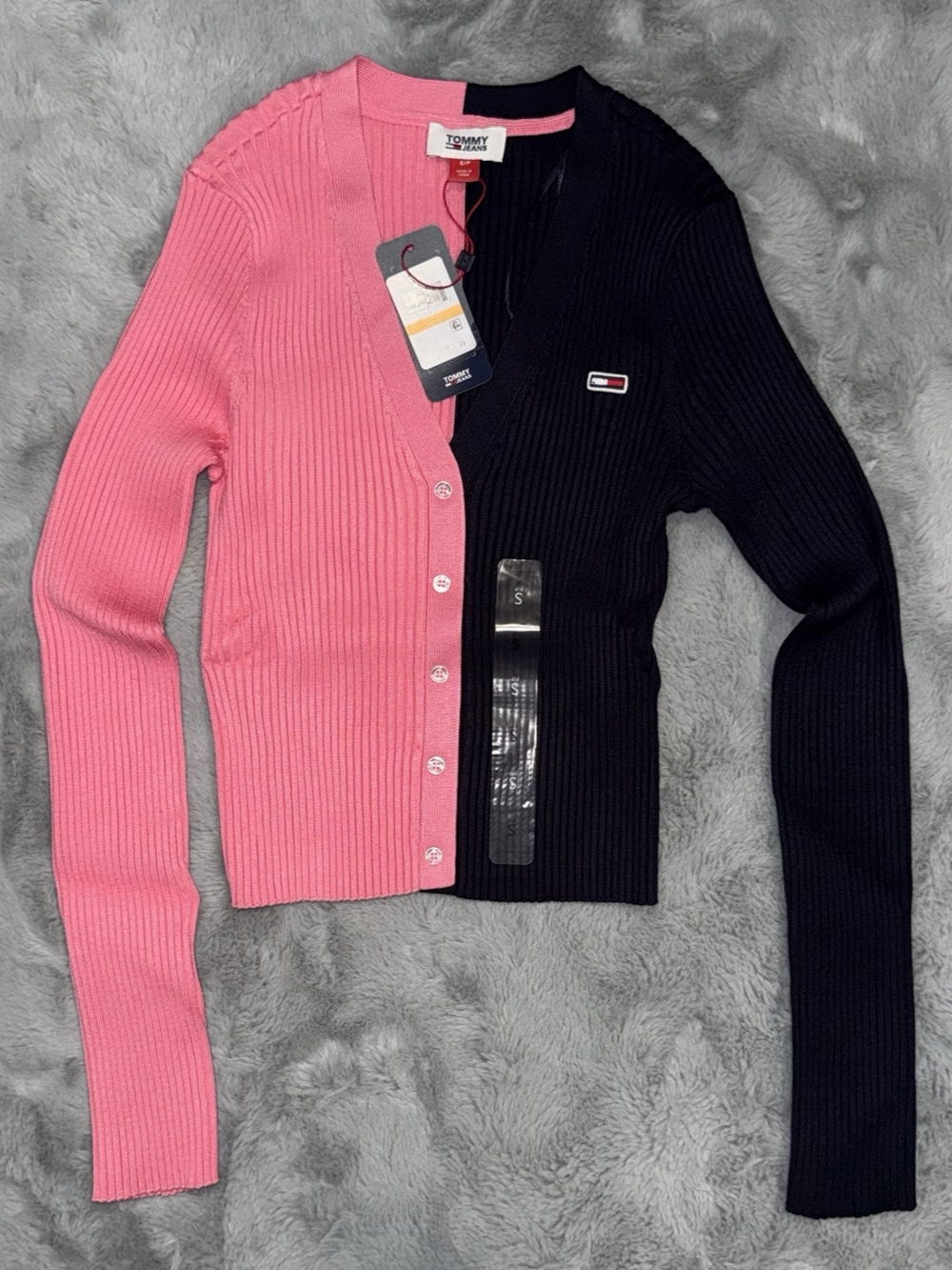 Tommy Jeans Colorblocked Ribbed Cardigan Pink & Black Size Small